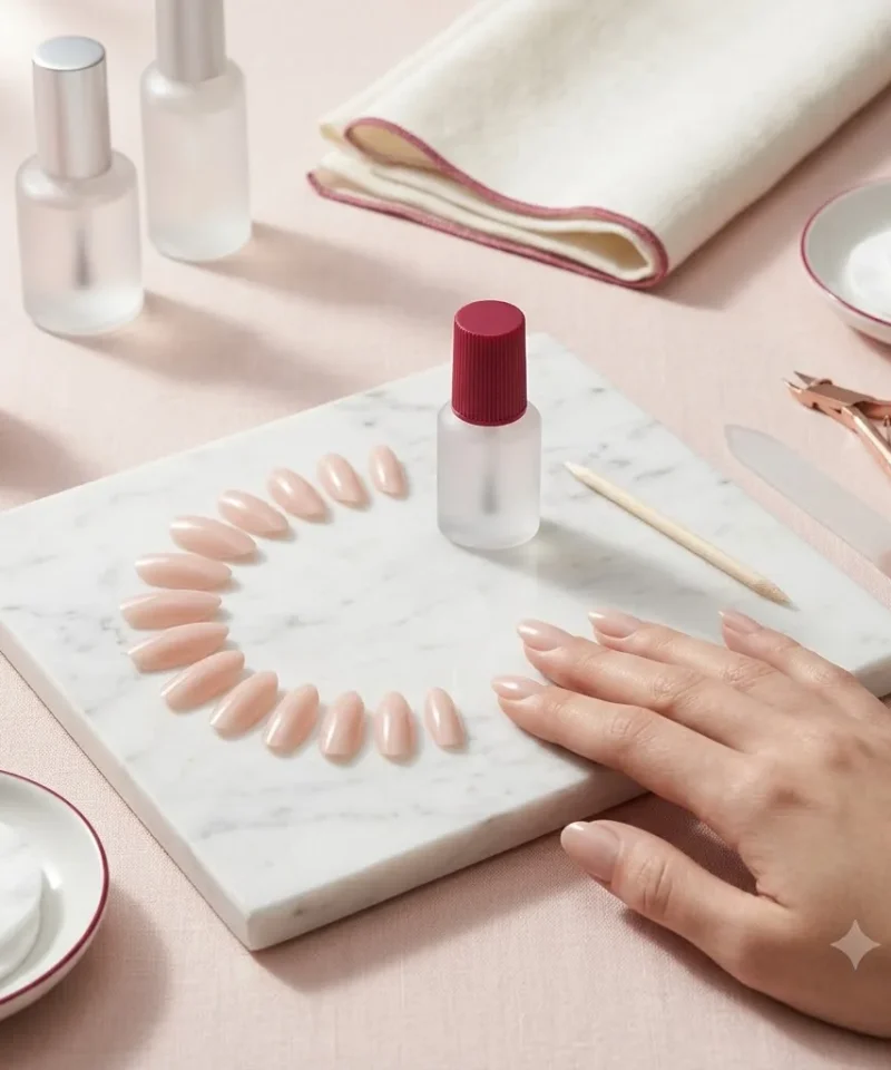 Acrylic & Press-On Nails hero, a press-on nail kit laid out neatly, sized tips in an arc beside a glue bottle and a wooden cuticle stick on white marble