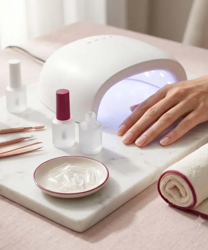 Gel & Dip Nails hero, a gel manicure station with an LED curing lamp glowing softly, frosted gel bottles and a dish of clear tips on pale blush linen