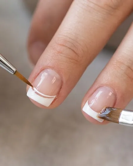 Close-up illustrating which brush draws the smile line and which one shapes the white edge