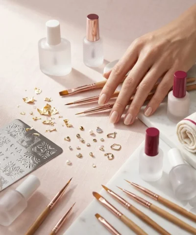 Nail Art & Designs hero, a nail art work station with fine brushes, a stamping plate, gold foil flakes, and tiny charms arranged on pale blush linen