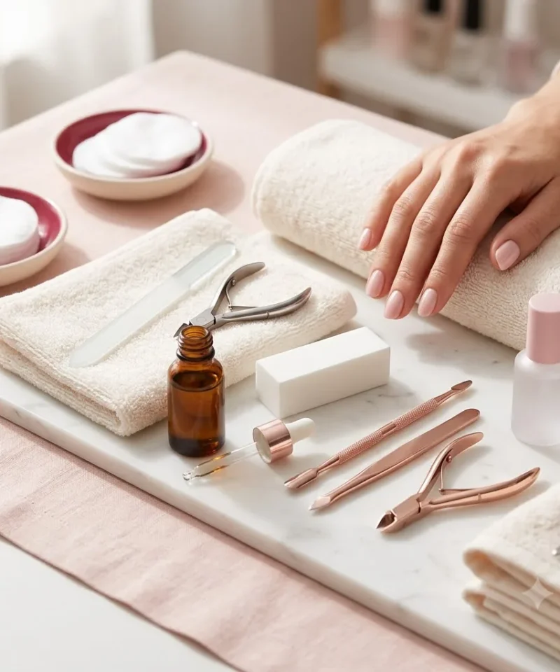 Nail Care & Tools hero, a tidy flat lay of manicure tools, glass file, clippers, buffer block, and a small amber dropper bottle of cuticle oil on ivory towels