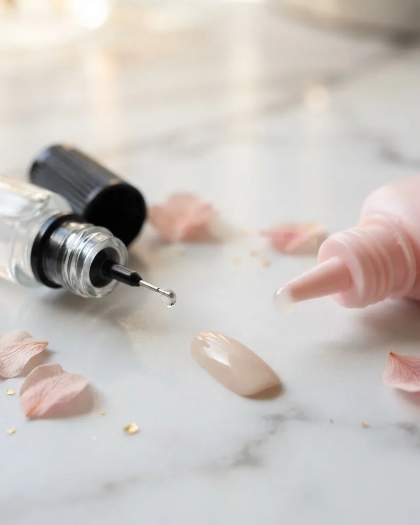 Close-up illustrating liquid cyanoacrylate versus UV gel glue: which bottle is in your hand