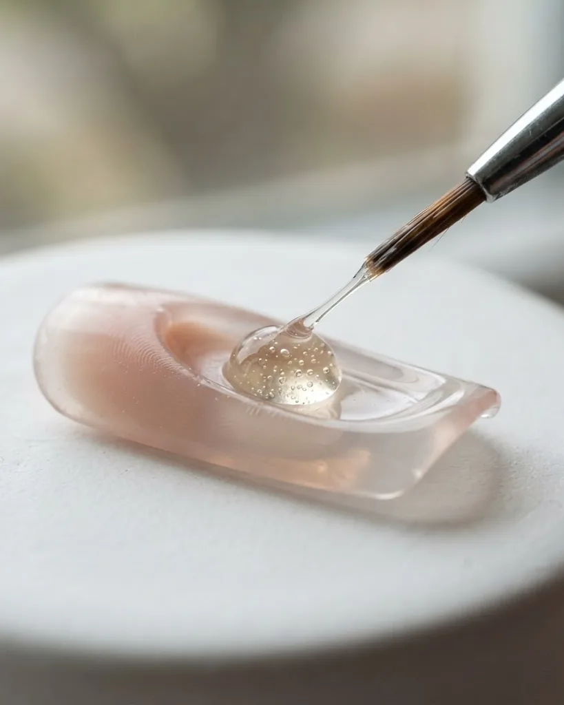 Detail view of applying gel glue to soft-gel tips, step by step