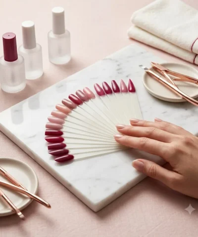 Nail Shapes & Basics hero, a fanned display of nail shape swatches on sticks, squoval to stiletto, arranged in an arc on white marble