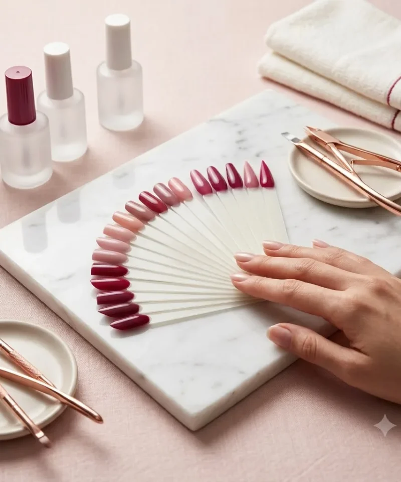Nail Shapes & Basics hero, a fanned display of nail shape swatches on sticks, squoval to stiletto, arranged in an arc on white marble