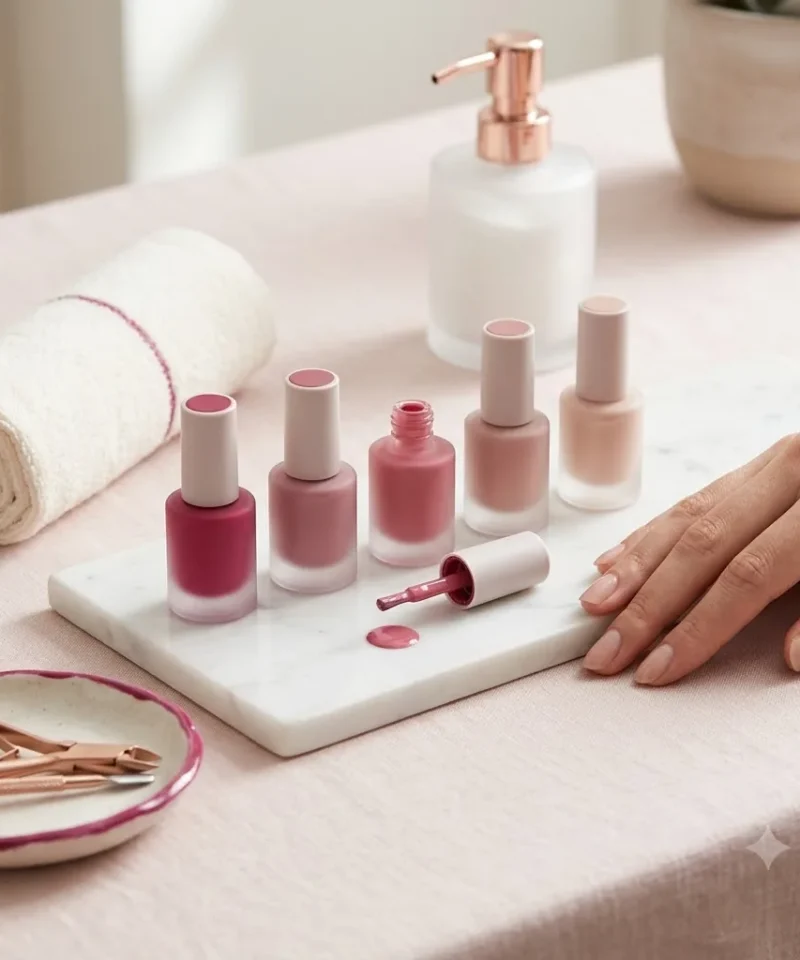 Nail Polish & Colors hero, a curated row of label-free polish bottles in a raspberry-to-nude gradient on a white marble shelf, one bottle open with brush resting