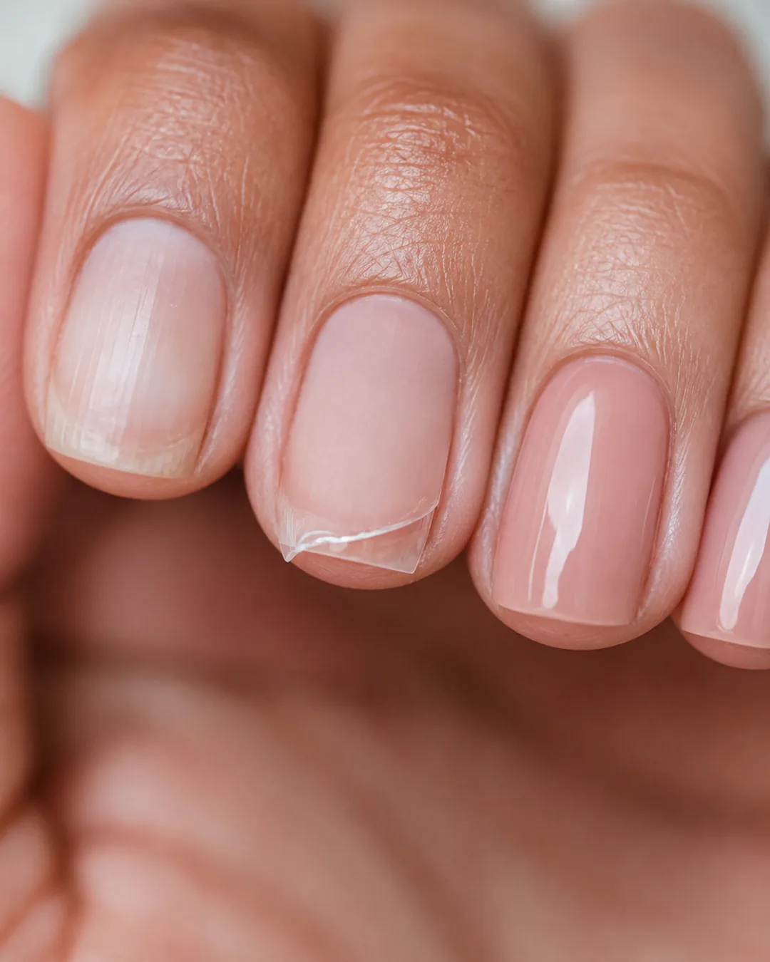 Detail view of step-by-step application, from bare nail to full cure