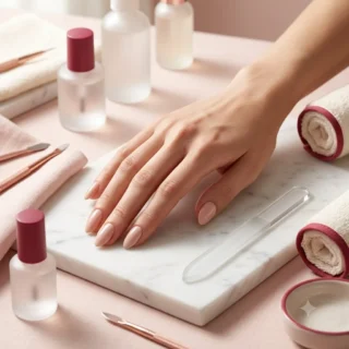 Almond Nails, a hand with soft nude almond-shaped nails beside a glass file on white marble