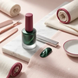 Cat Eye, a magnetic cat eye polish bottle beside a bar magnet and a deep green shimmer swatch on blush linen