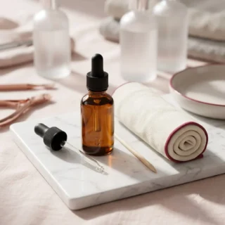 Cuticle Care, an amber dropper bottle of cuticle oil with a wooden stick and rolled ivory towel on marble