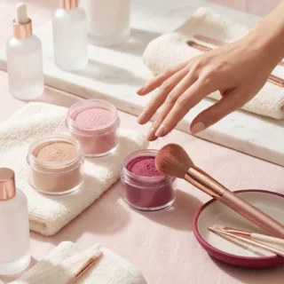 Dip Powder, three open jars of fine dip powder in nude, pink, and berry with a dusting brush on ivory towels