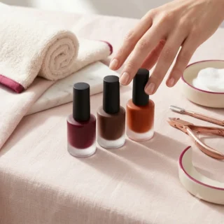 Fall Colors, a row of label-free polish bottles in burgundy, chocolate, and burnt orange on pale blush linen