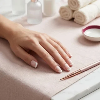 French Tips, a hand with crisp white french tip nails resting on pale blush linen beside a striping brush