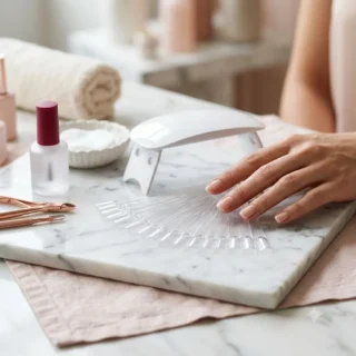 Gel-X, a fan of clear soft-gel extension tips beside a small LED lamp on white marble