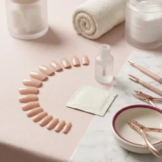 Press-Ons, a press-on nail set arranged by size in an arc with a glue bottle and prep pad on blush linen