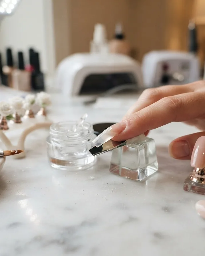 Detail view of using hard gel for extensions, overlays, and 3D nail art