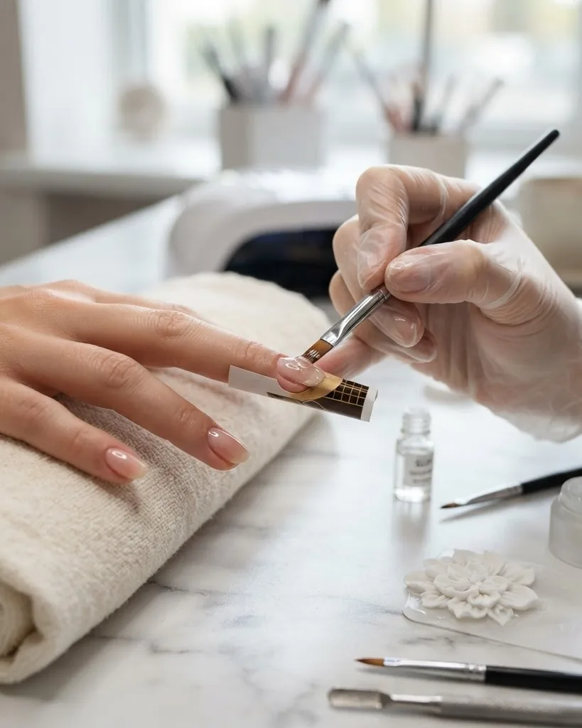 Detail view of using hard gel for extensions, overlays, and 3D nail art