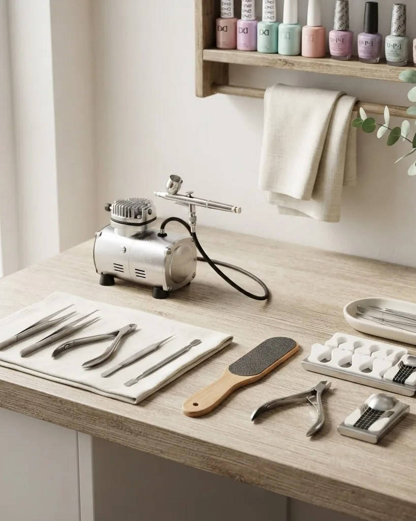 Detail view of airbrush systems, tweezers, and pedicure-specific instruments