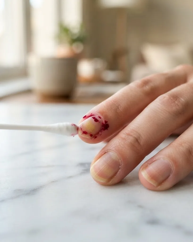 Close-up illustrating why highly pigmented reds stain the nail plate yellow