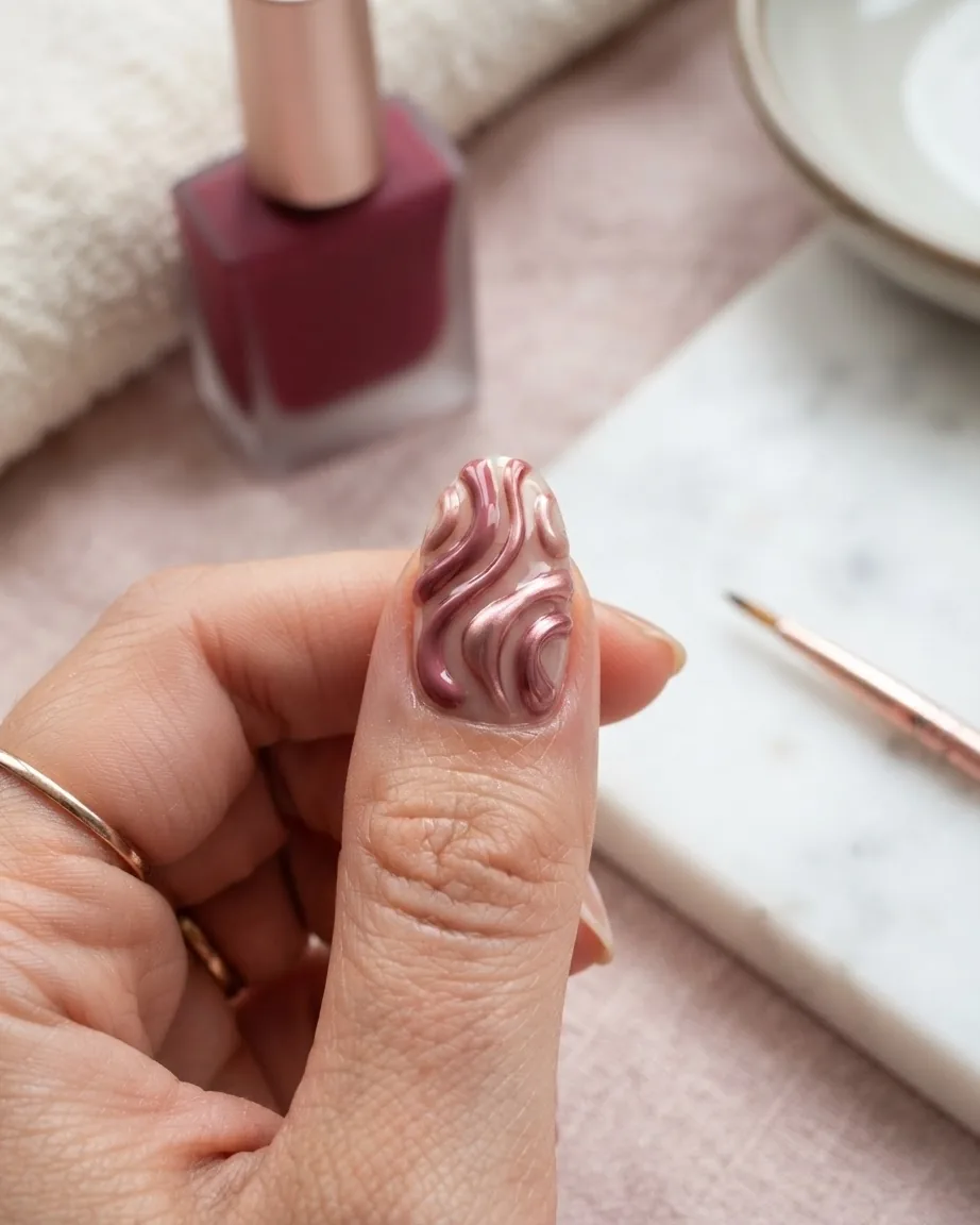 Detail view of step-by-step: freehand gel swirls without slumping