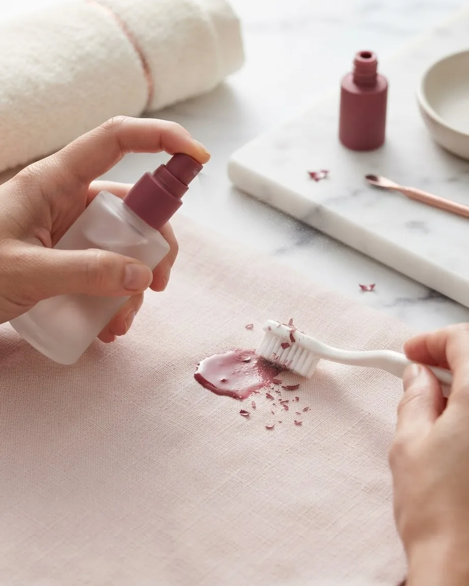 Hands spray a bottle and scrub a pink nail polish stain on pale fabric with a white toothbrush.