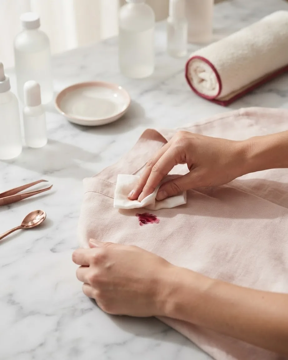 Hands blot a red nail polish stain on pale pink fabric with a white cloth on a marble countertop.