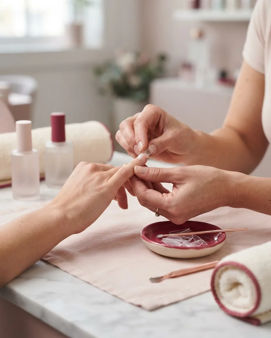 A nail technician applies a clear artificial nail tip to a client's finger at a manicure table with nail supplies.