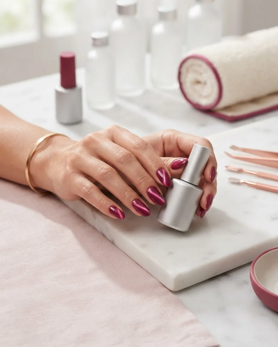 Hands with glossy metallic magenta cat eye nails hold a silver polish bottle on a marble surface beside manicure tools.