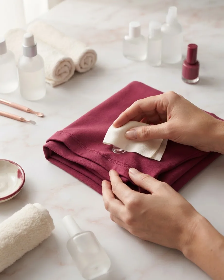 Hands dab a white cloth against the hem of a folded burgundy garment beside nail polish bottles and towels.