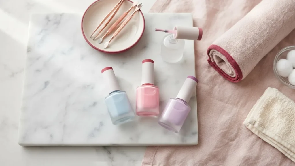 Three pastel blue, pink and lavender nail polish bottles on a marble tray with manicure tools and folded towels.