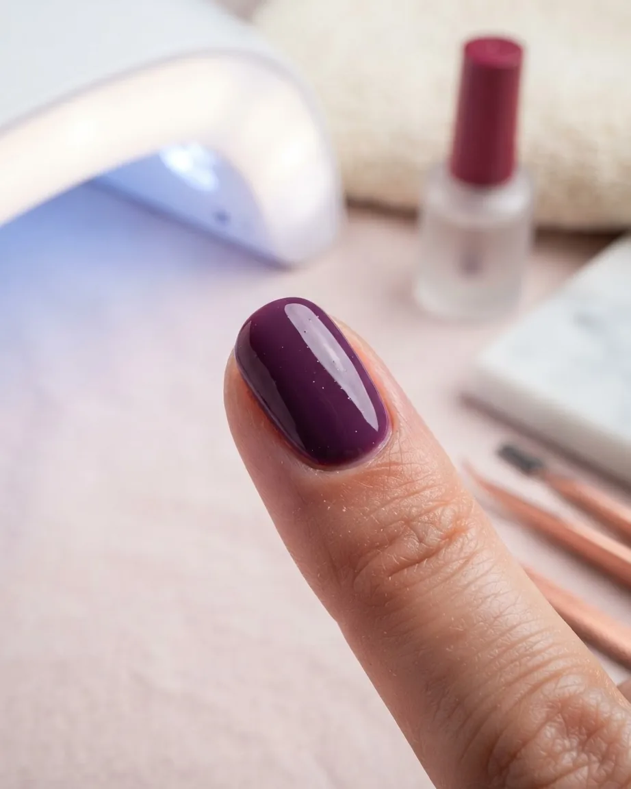 Close-up of a fingertip with glossy dark purple gel polish, with a UV nail lamp and polish bottle in the background.