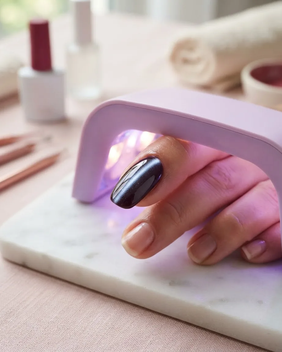 A hand with a glossy dark cat eye gel nail rests beneath a glowing pink UV nail lamp on a marble surface.