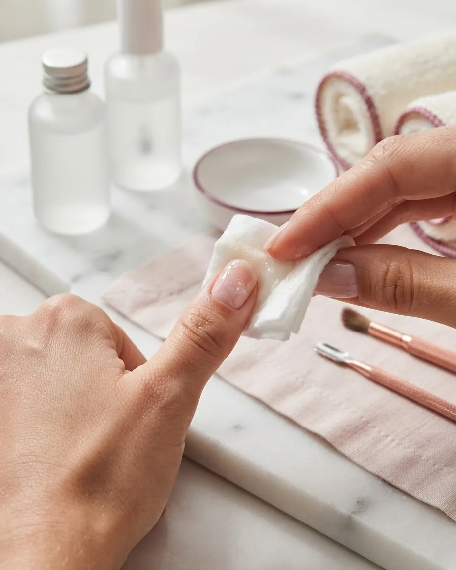 Hands wipe a glossy gel-coated fingernail with a cotton pad beside manicure bottles and tools.