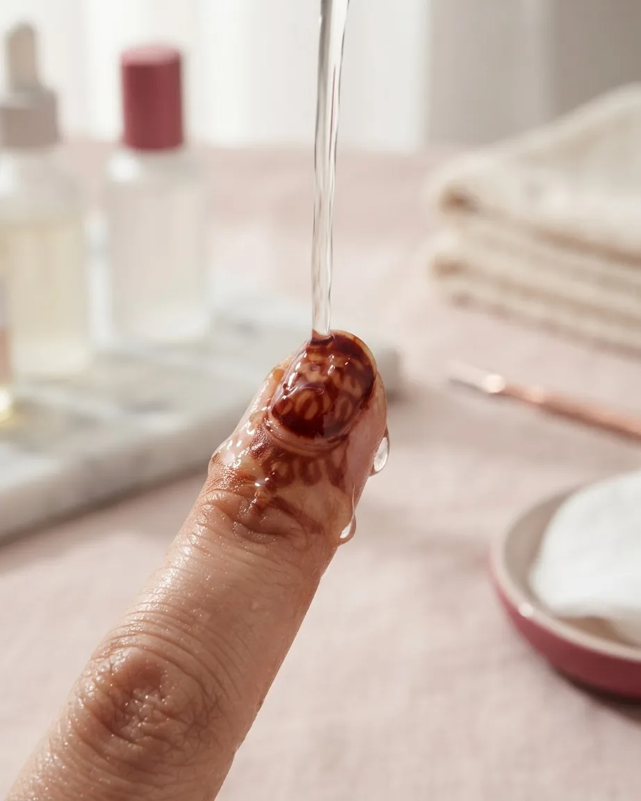A close-up of a henna-stained fingernail under a stream of clear water, with blurred toiletries in the background.