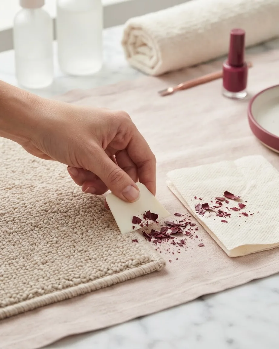 A hand uses a white plastic scraper to lift dark red nail polish flakes from a beige carpet beside a paper towel.