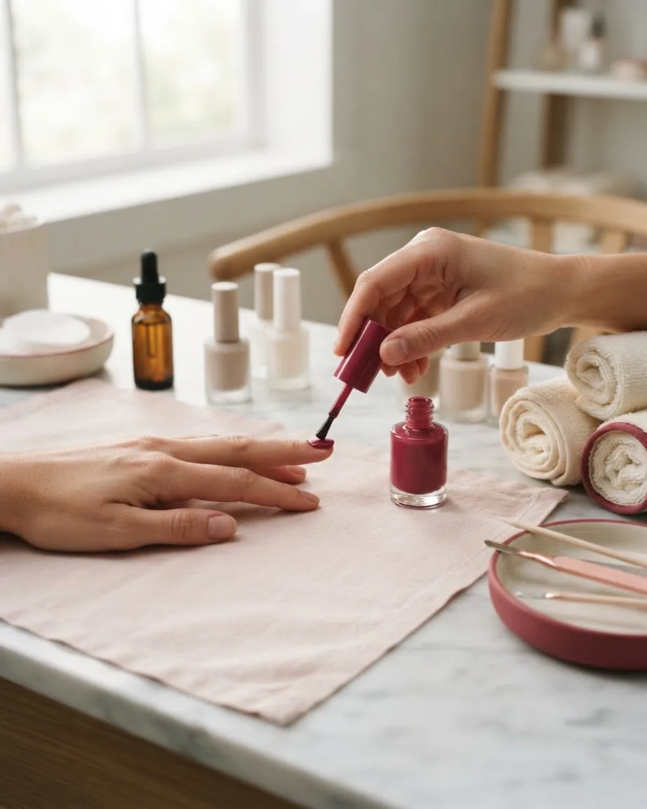 A hand applies burgundy nail polish to a fingernail beside polish bottles and rolled towels on a marble table.