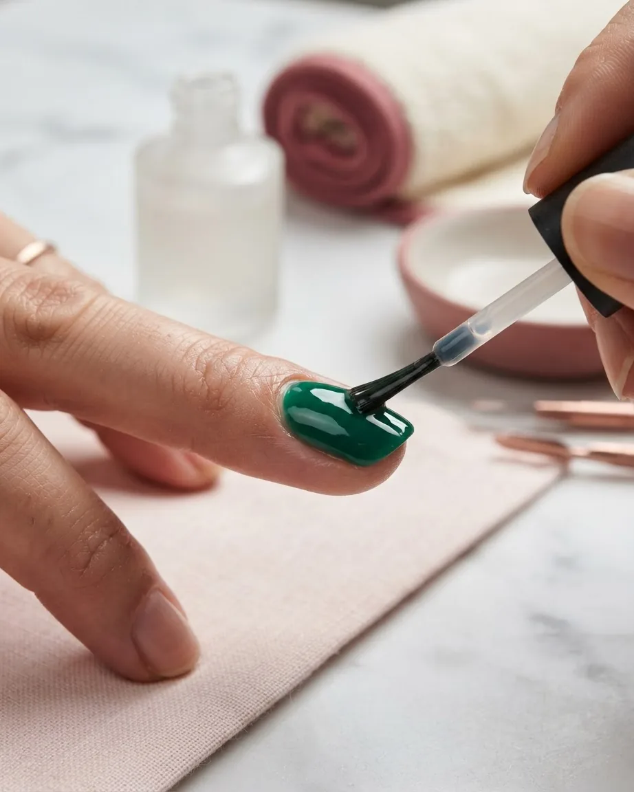 A brush applies clear topcoat to a glossy emerald green fingernail, with manicure supplies in the background.