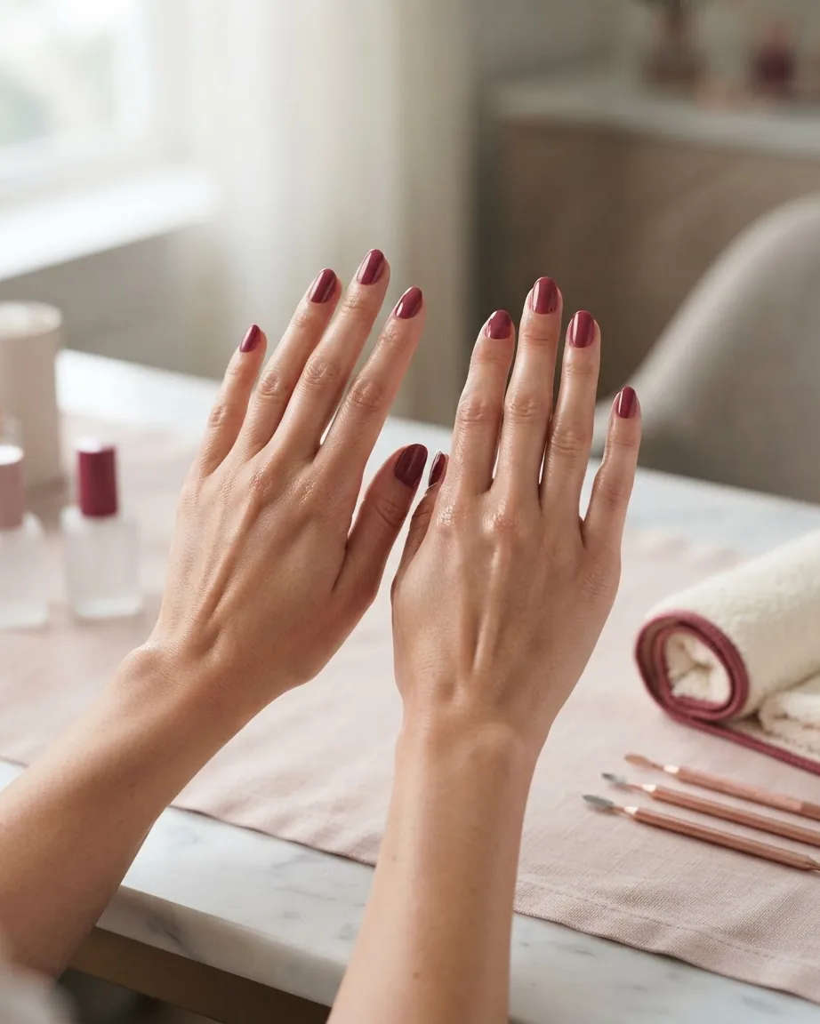 Two hands held still with glossy burgundy nail polish above a manicure table with bottles, tools, and a towel.