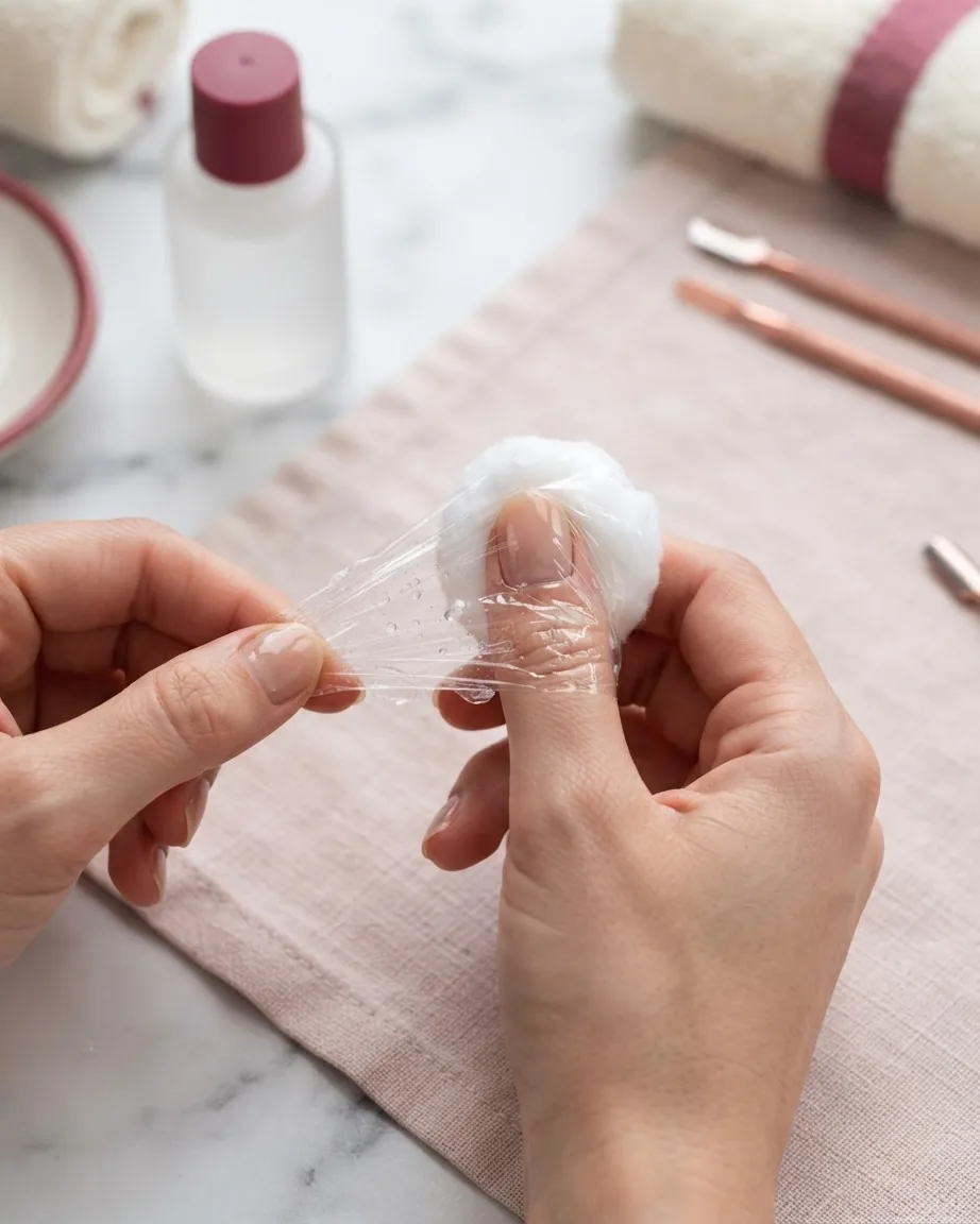 Hands stretch clear plastic wrap around a cotton-covered thumbnail over a pink towel beside nail care tools.