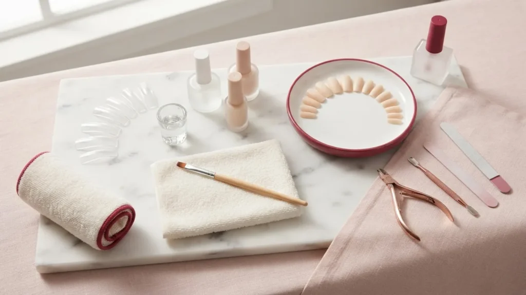 Nude nail extension tips arranged on a plate beside gel polish bottles, nail tools, and towels on a marble tray.