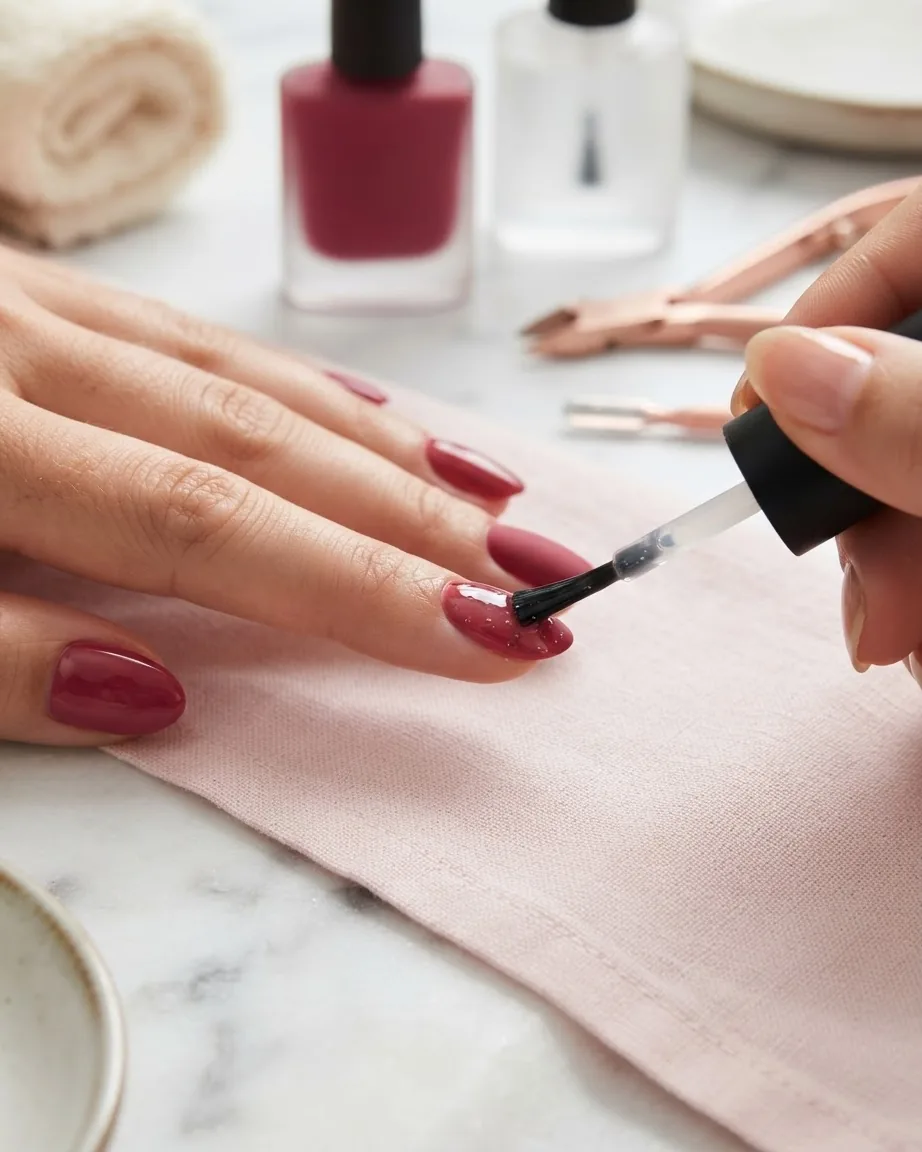 A brush applies clear top coat to burgundy-painted fingernails, with polish bottles and manicure tools behind.