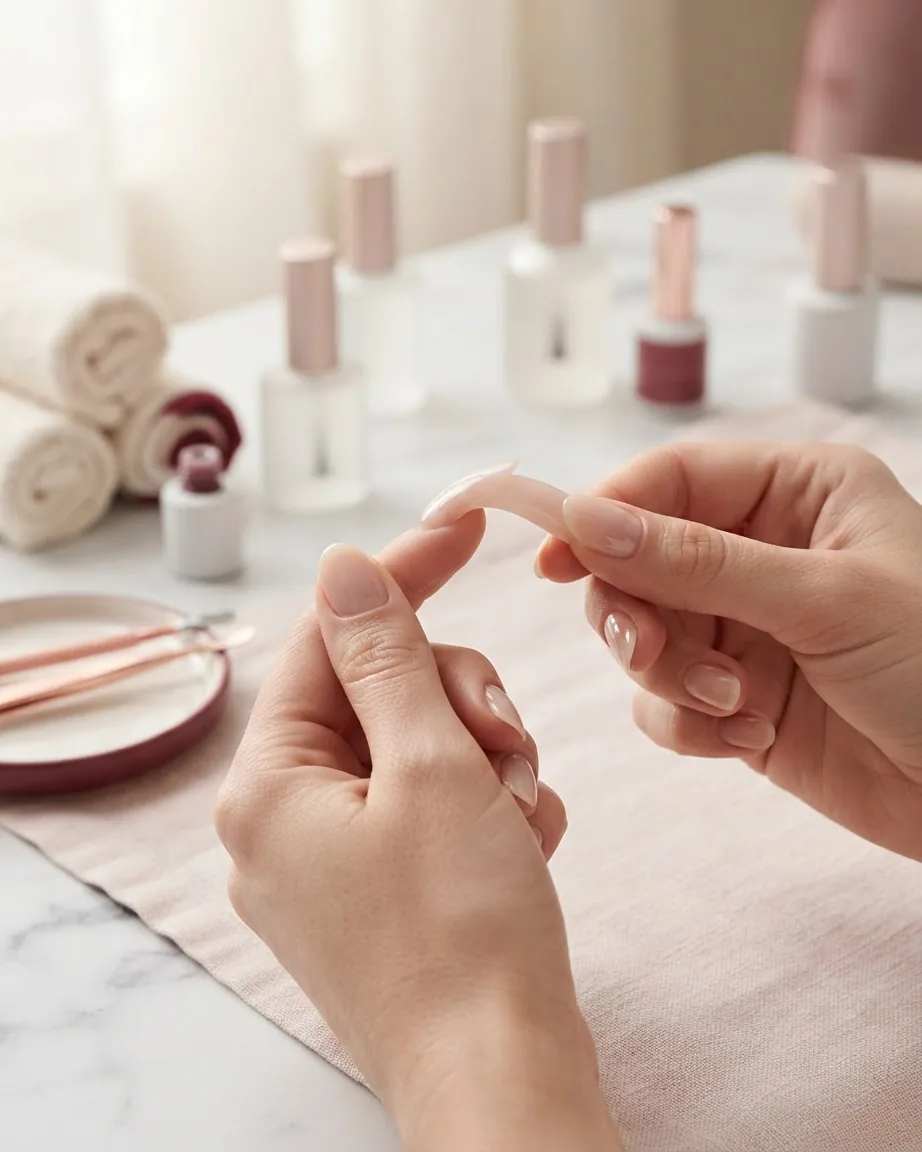 Hands gently bend a pale pink nail extension above a manicure table with polish bottles and rolled towels.