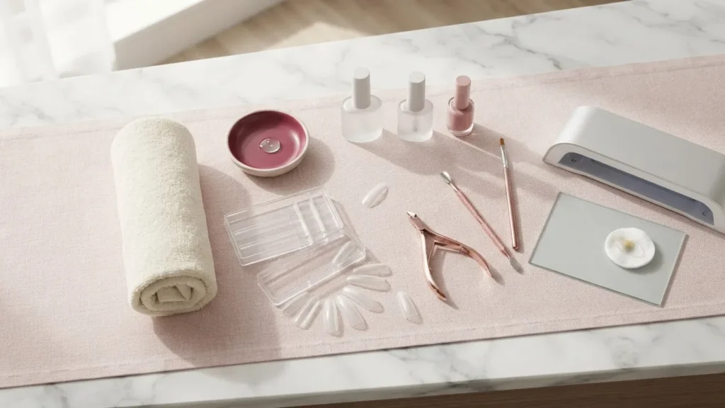 Clear curved nail tips arranged beside manicure tools, polish bottles, a UV lamp and a rolled towel on pink fabric.