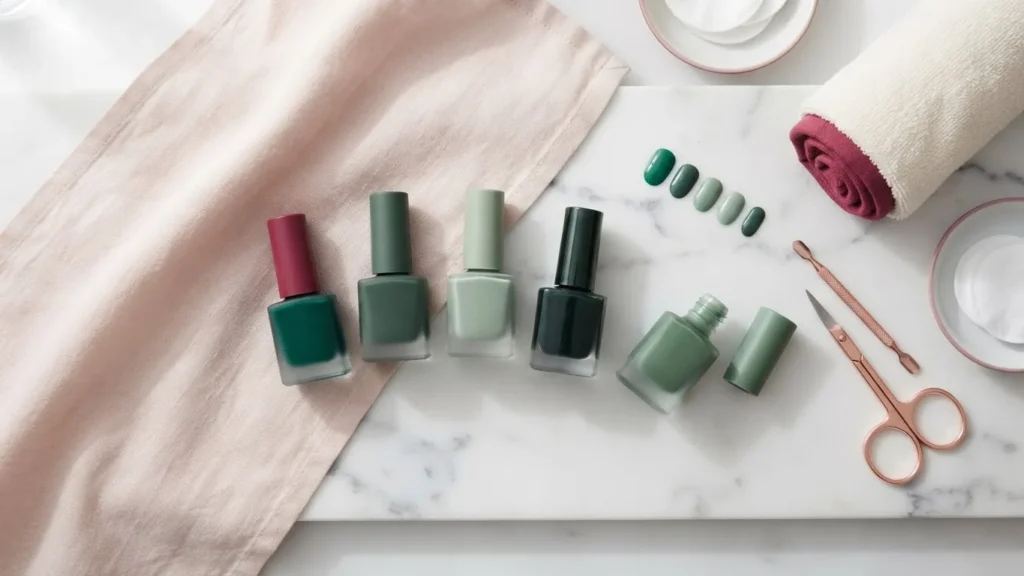 Green nail polish bottles in assorted shades arranged on marble with manicure tools, towels and cotton pads.