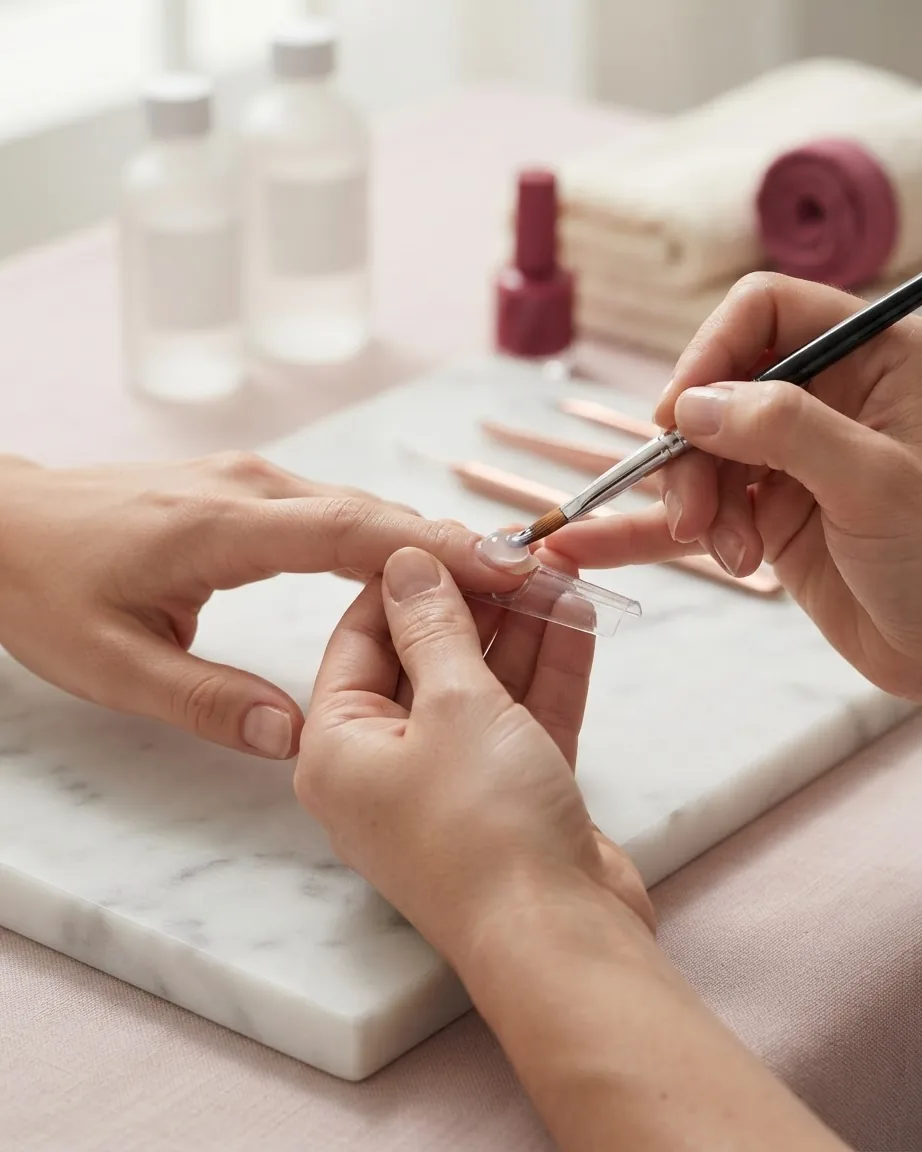 A nail technician applies clear gel with a brush to a client's fingernail over a transparent extension form.