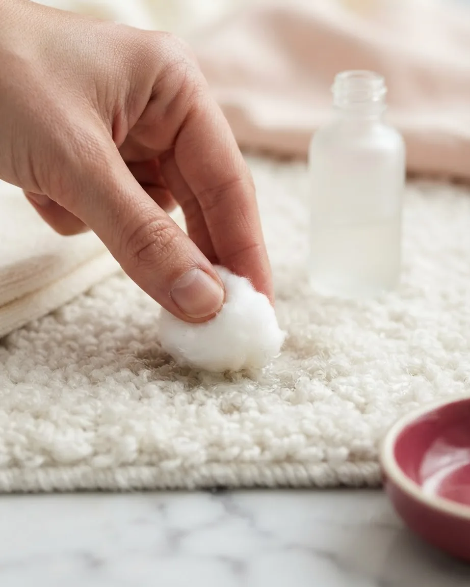A hand presses a white cotton ball onto a cream-colored carpet beside a small frosted glass bottle.