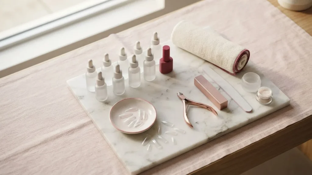 Clear artificial nail tips, dropper bottles, nail tools, and a towel arranged on a marble tray.