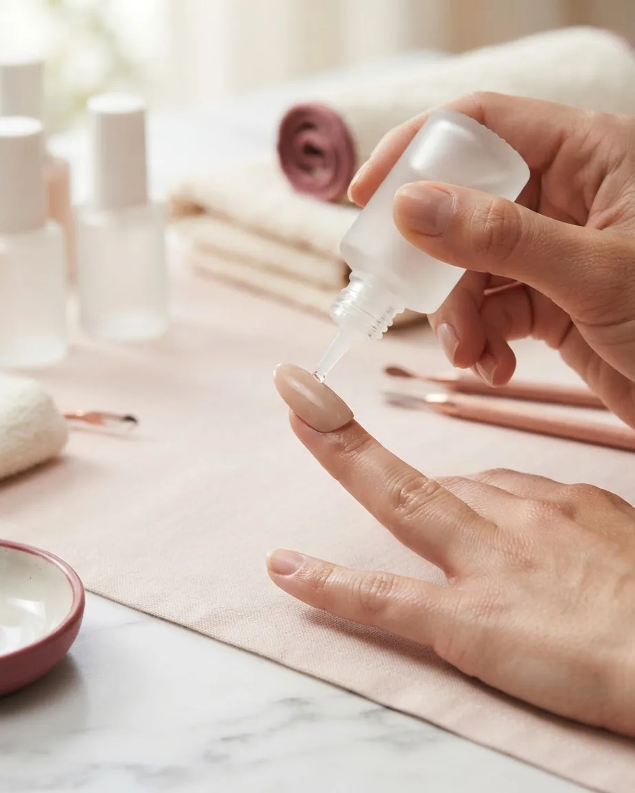 Hands apply clear nail glue to a nude press-on nail above a soft pink manicure mat with nail tools nearby.
