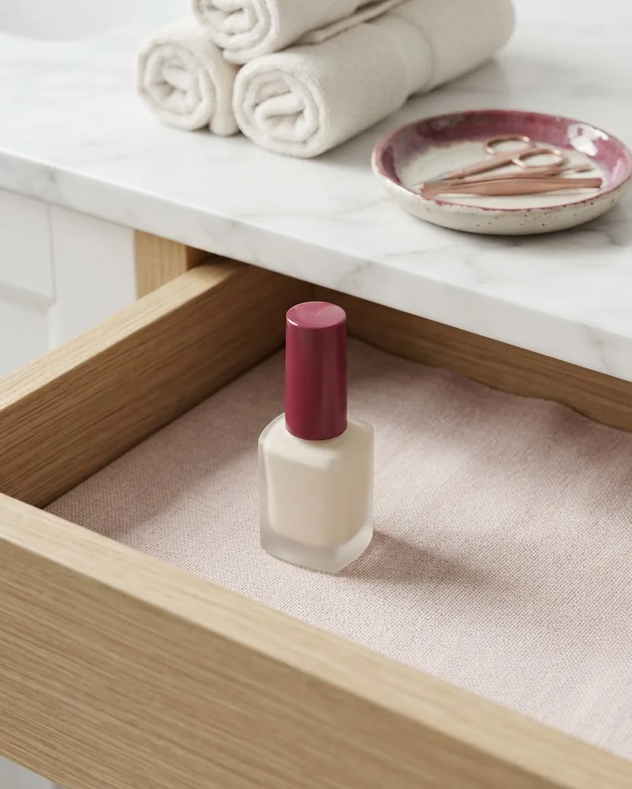 A single cream-colored nail polish bottle with a burgundy cap sits in an open wooden drawer beneath a marble countertop.