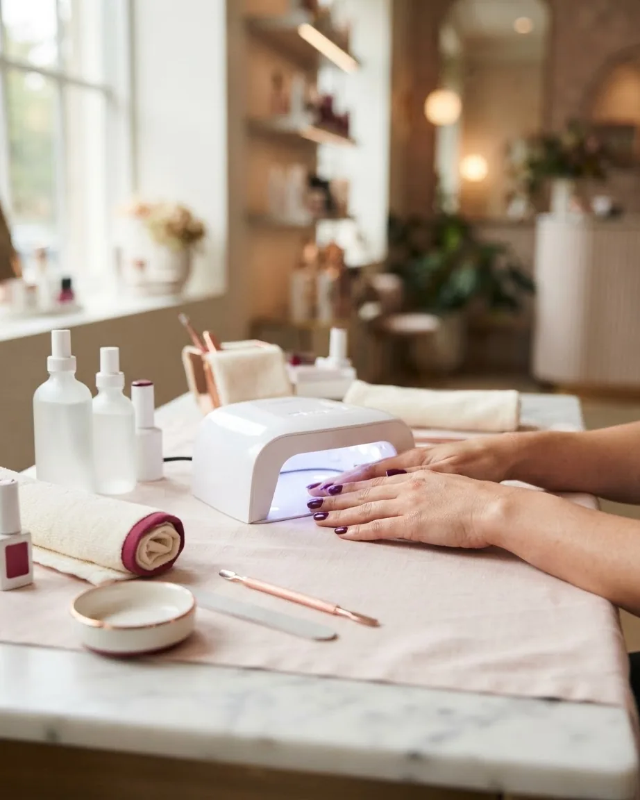 Hands with glossy purple nails rest beneath a white UV nail lamp on a manicure table with polish bottles and tools.